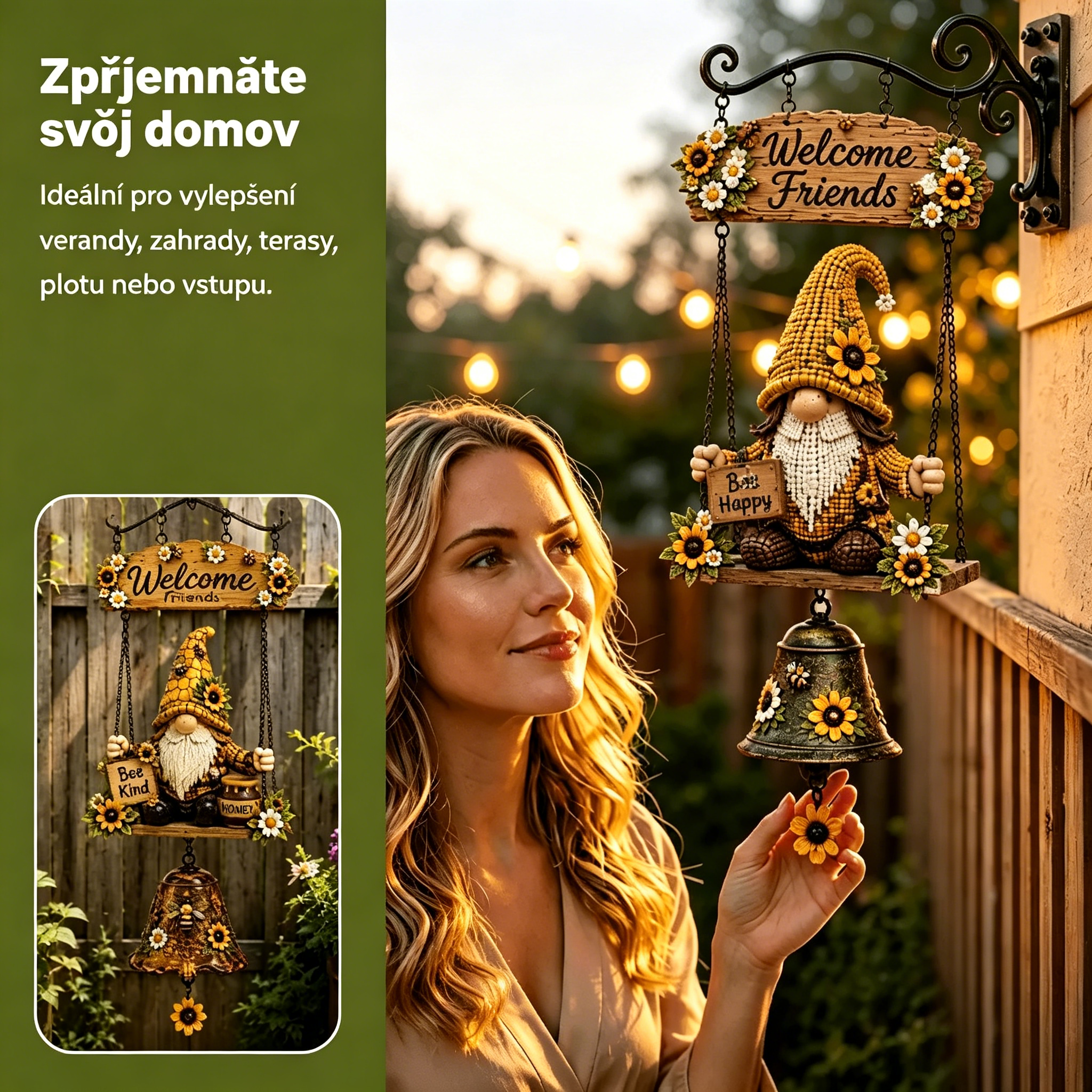 🔥Uvítací zvonek se zahradním trpaslíkem, plaketa „Uvítací“, retro bronzový zvonek, železný nástěnný držák, dekorace na zahradu a terasu