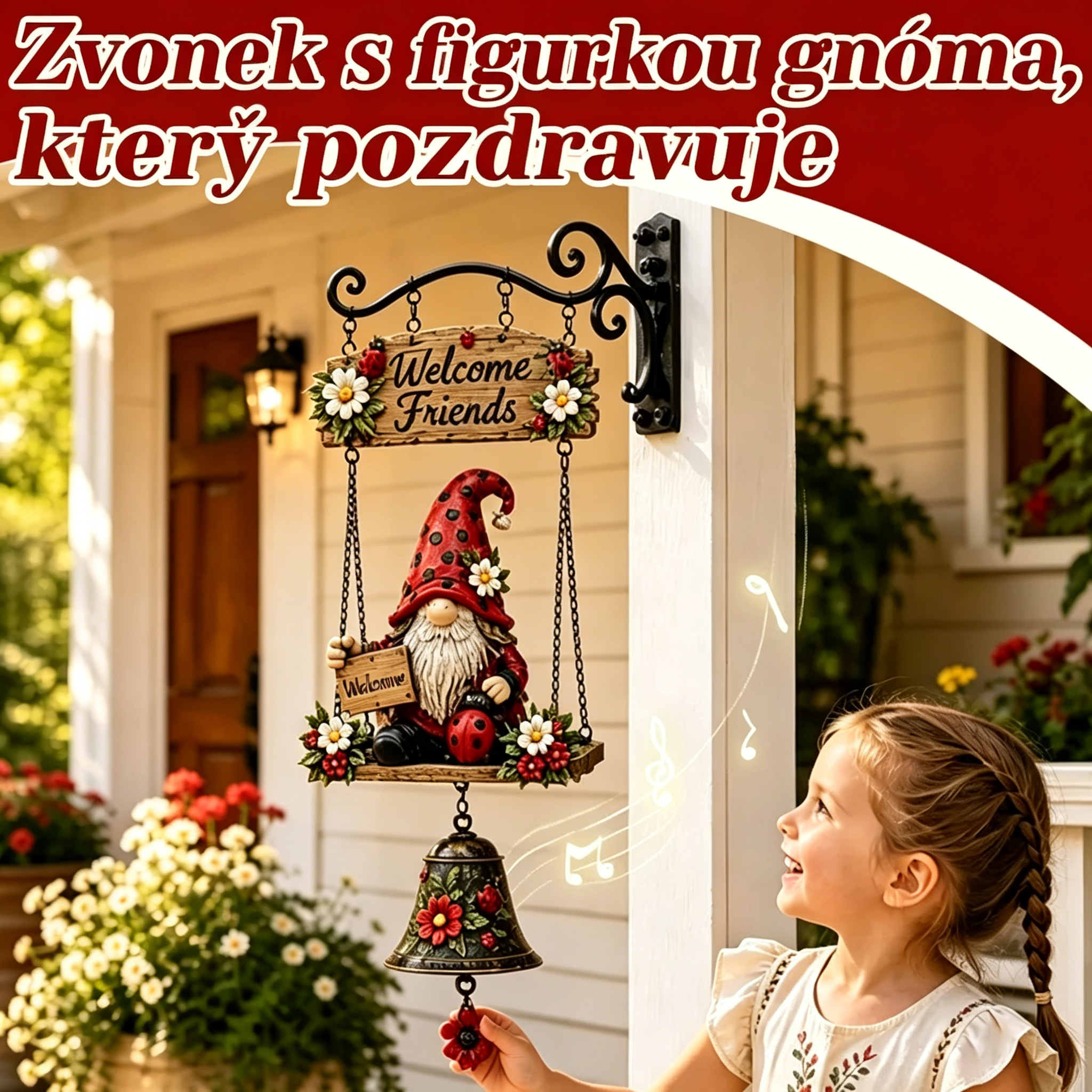 🔥Uvítací zvonek se zahradním trpaslíkem, plaketa „Uvítací“, retro bronzový zvonek, železný nástěnný držák, dekorace na zahradu a terasu